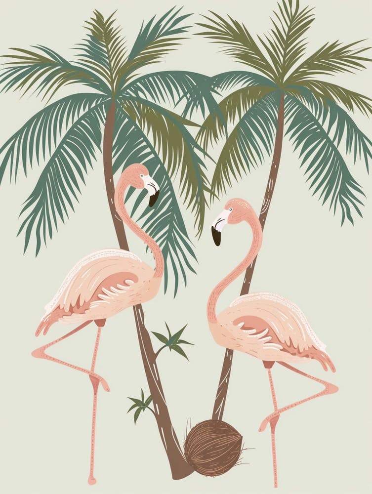Lesser Flamingo And Coconut Trees Minimalist Illustration 2