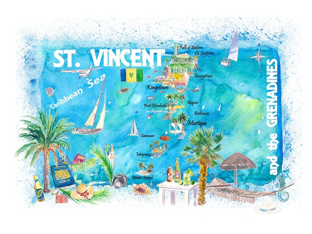 Saint Vincent Grenadines West Indies Illustrated Travel Map With Roads And Highlights
