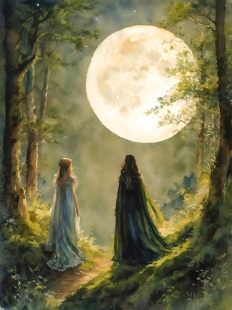 Maiden and Mother - Witchy Pagan Fairytale Wicca Witch Forest Full Moon