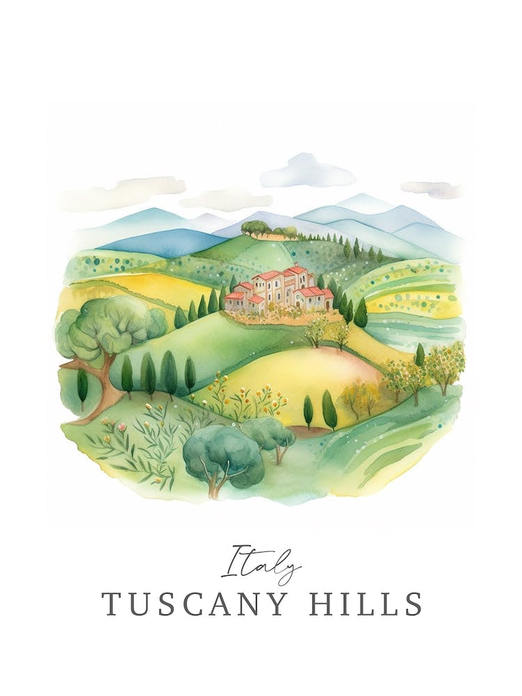 Italy Tuscany Hills Storybook 1 Travel Poster Watercolour