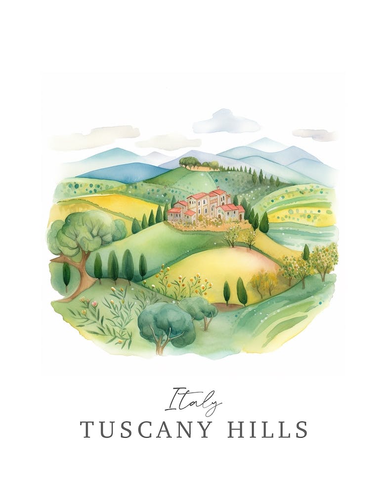 Italy Tuscany Hills Storybook 1 Travel Poster Watercolour