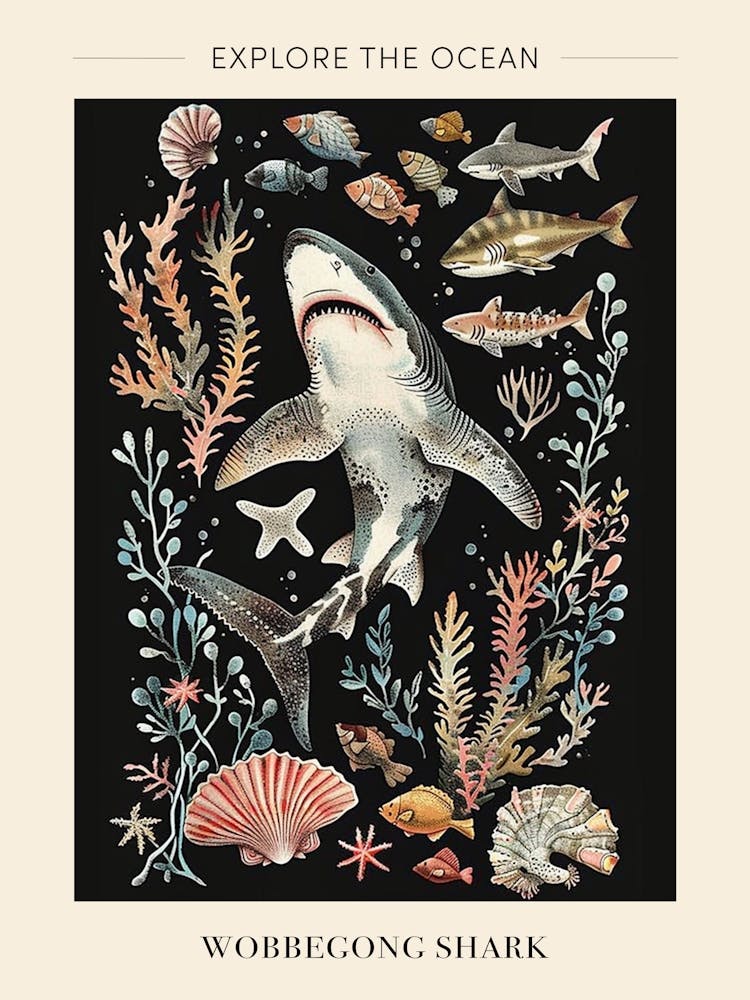 Wobbegong Shark Seascape Black Background Illustration 2 Poster
