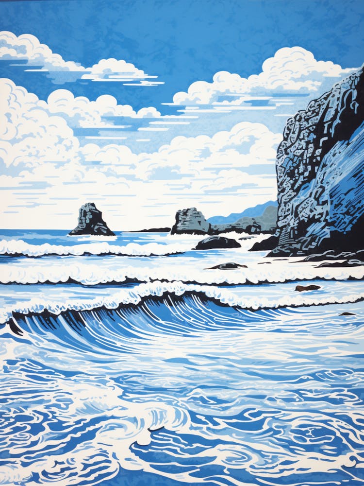 Linocut Of Barafundle Bay Beach Pembrokeshire Wales 2