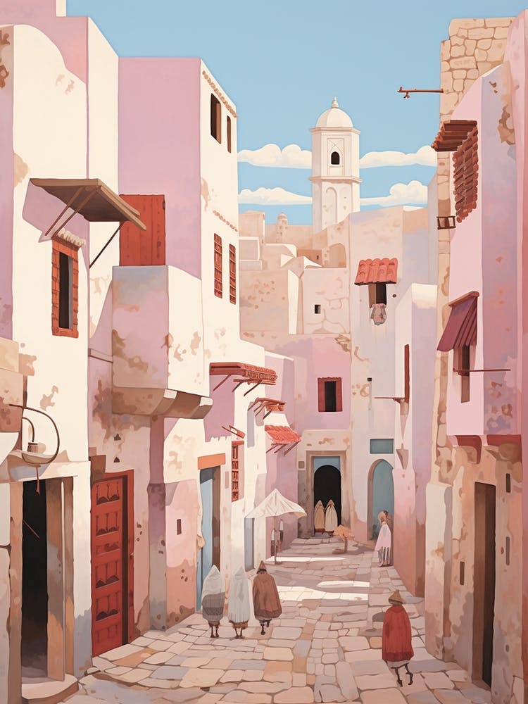 Essaouira Marokko 3 Vintage Rosa Reiseillustration