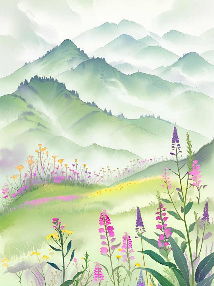 Watercolor Of Mountains And Flowers