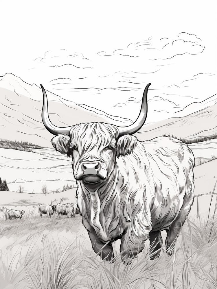 Simple Illustration Of Highland Cow Black & White