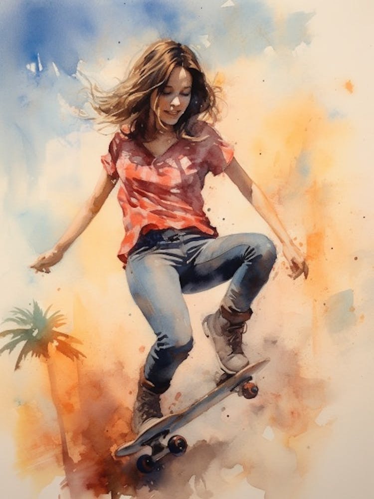 Girl Skateboarding In Los Angeles, United States Watercolour 1