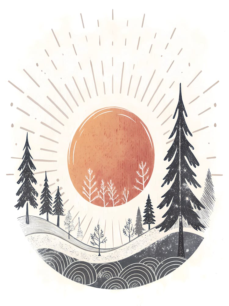 Minimalist Ink Sketch Of Rising Sun Circle With