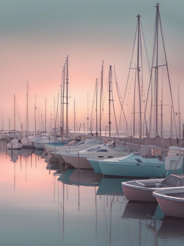 Boats Moored On Calm Zen Evening Horizon In Background Brighton Marina