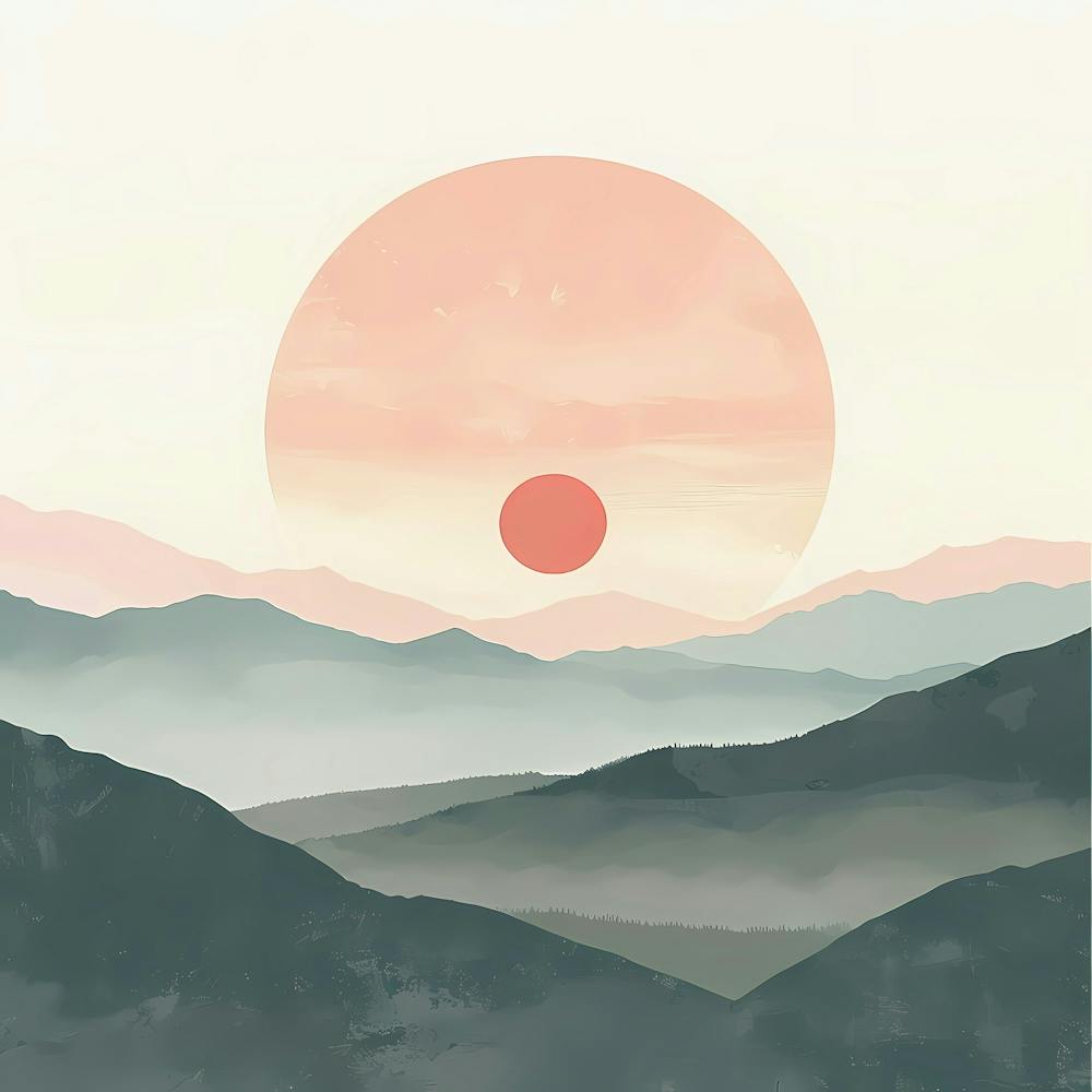 Eine handgezeichnete minimalistische Pastell-Illustration eines Sonnenuntergangs in den Bergen 2