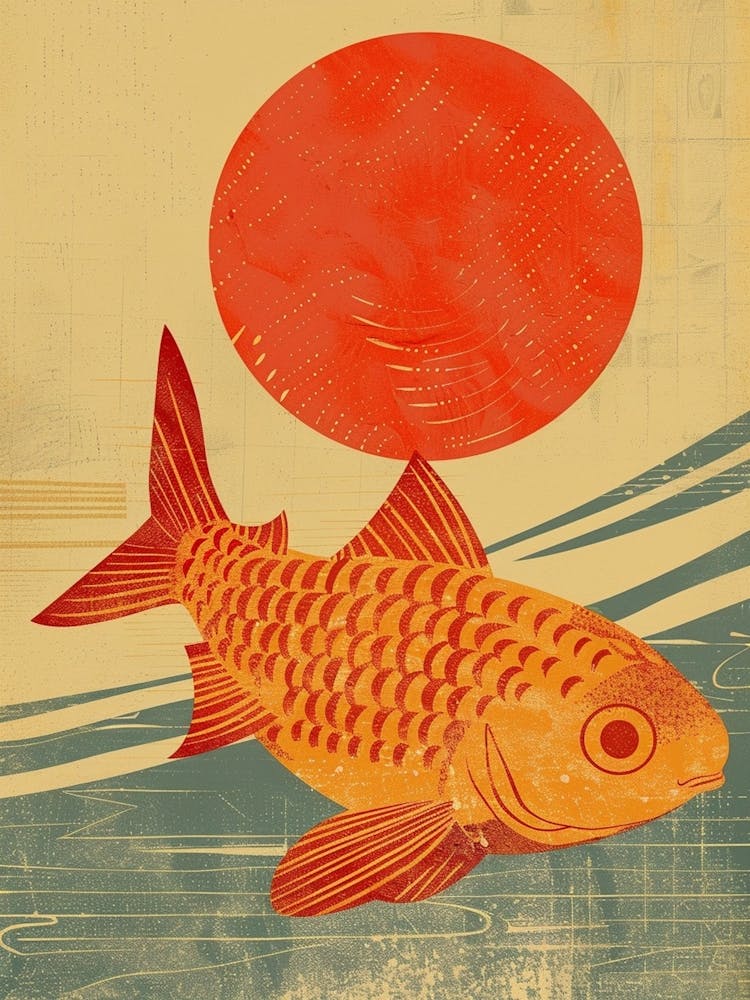 Koi Fish Sun Mid Century Modern Poster