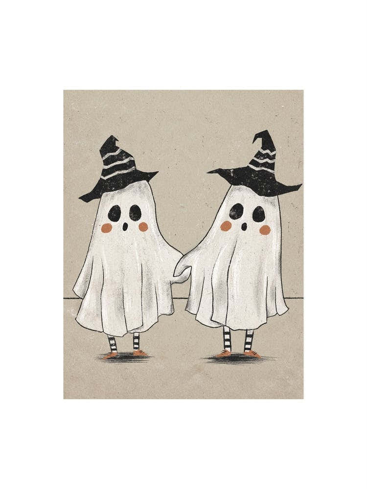 Cute Ghosts ~ Cutie Halloween Best Friends BFF Bestie Artwork - Drawing of 2 vintage ghost Friends Holding Hands With Witchy Hats on Out Trick Or Treating, Spooky Little Ghosties, Witches Artwork, Gothic, Spooky Cute