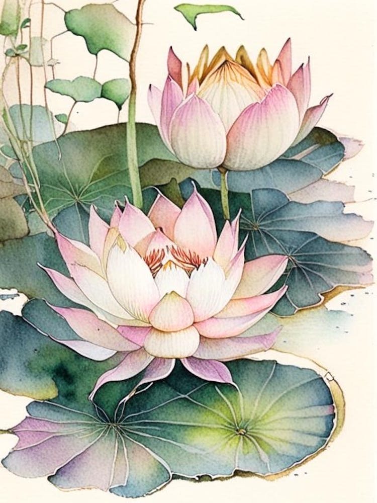 Lotus Flowers In Park Watercolour Ink Pencil 1