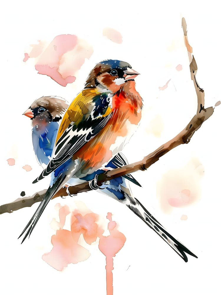 Watercolor Birds Sitting On A Branch