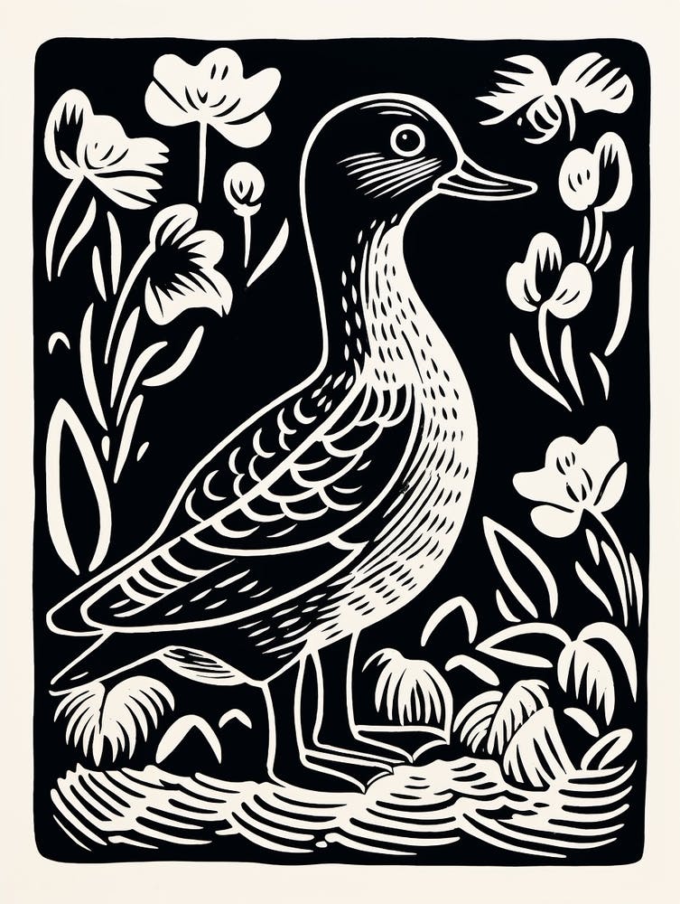 B&W Bird Linocut Duck 1