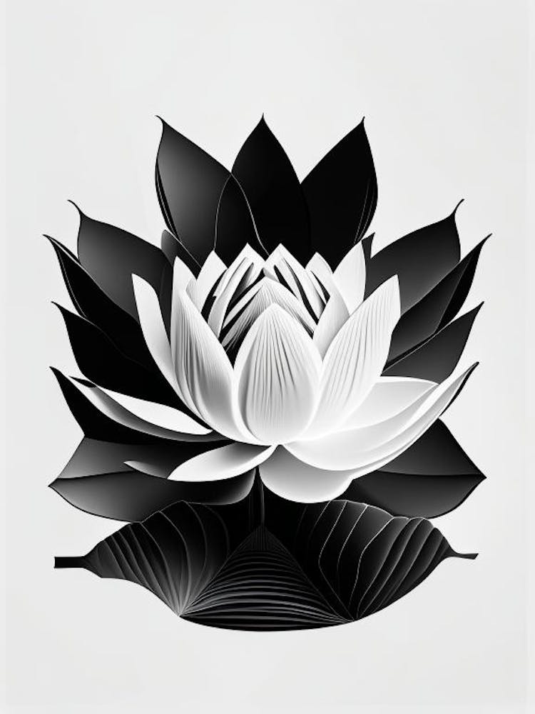 Blooming Lotus Flower In Pond Black And White Geometric 1