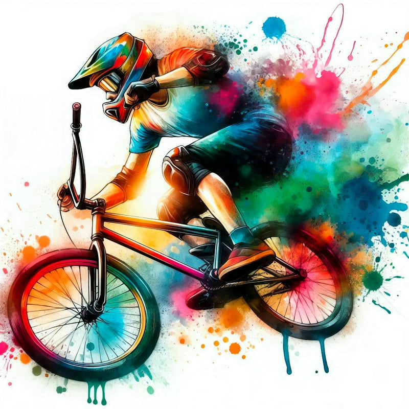 Vibrant Art Of A Cycling Bmx Racing Player In Action With Watercolor Splashes And Ink Drops 1