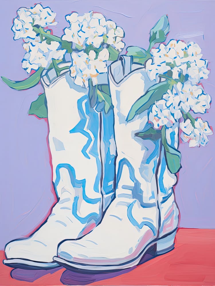 A Painting Of Cowboy Boots With White Flowers, Fauvist Style, Still Life 1