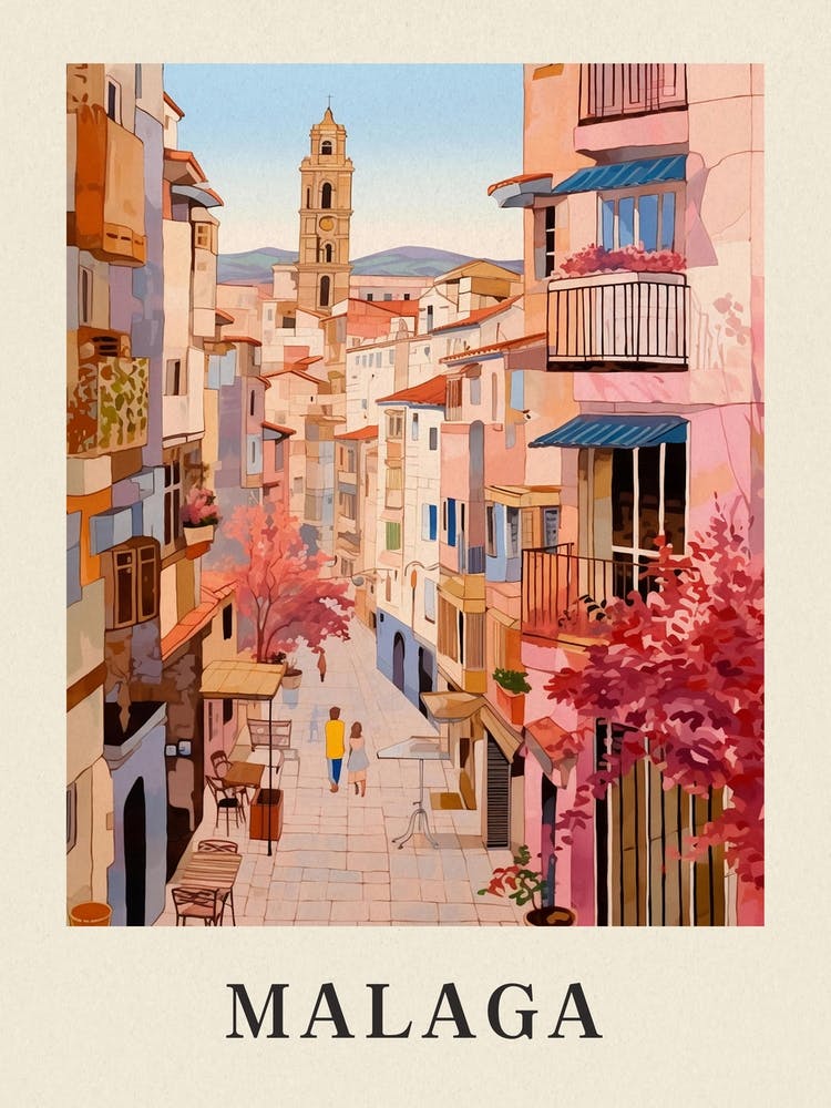 Malaga Spain 3 Vintage Pink Travel Illustration Poster