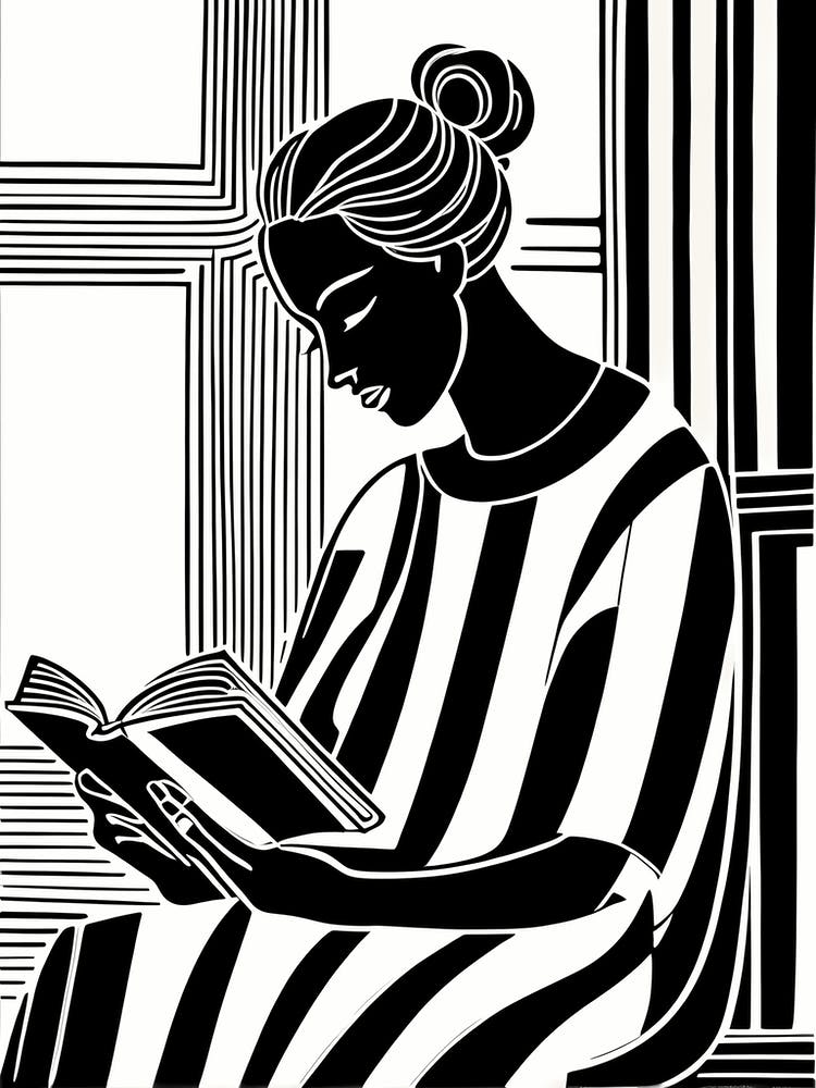 Just a girl who loves to read, Lion cut inspired Black and white Stylized portrait of a Woman reading a book, reading art, book worm, Reading girl 185