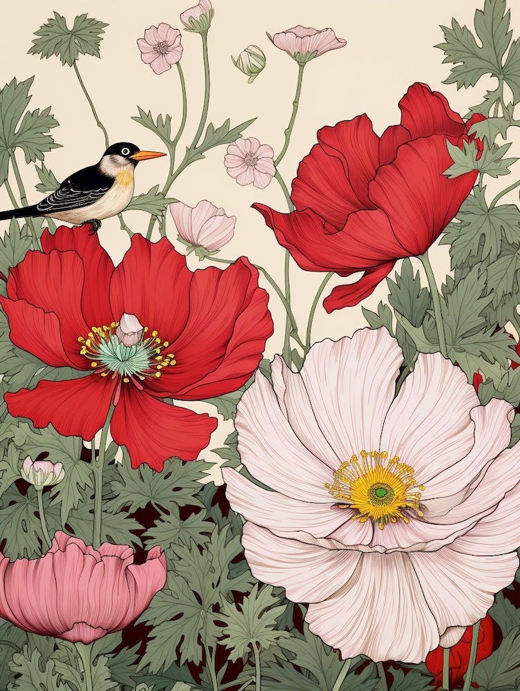 Japanese Anenome And Bird Vintage Japanese Botanical