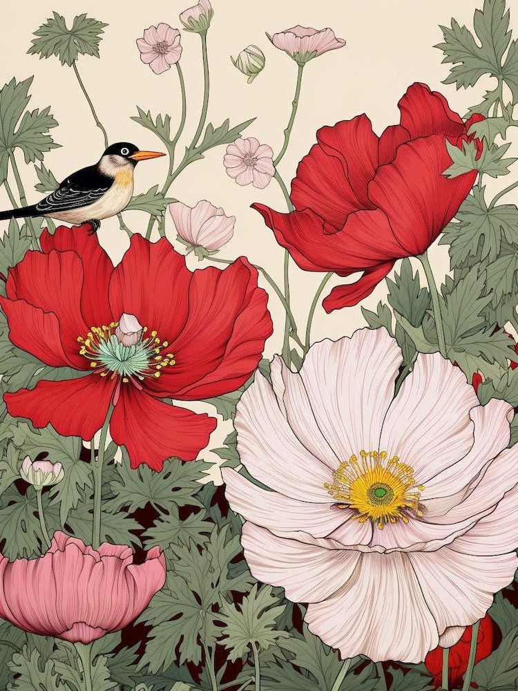 Japanese Anenome And Bird Vintage Japanese Botanical