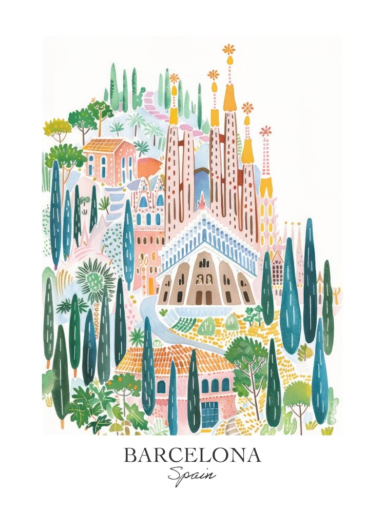 Barcelona Spain Gouache Travel Illustration