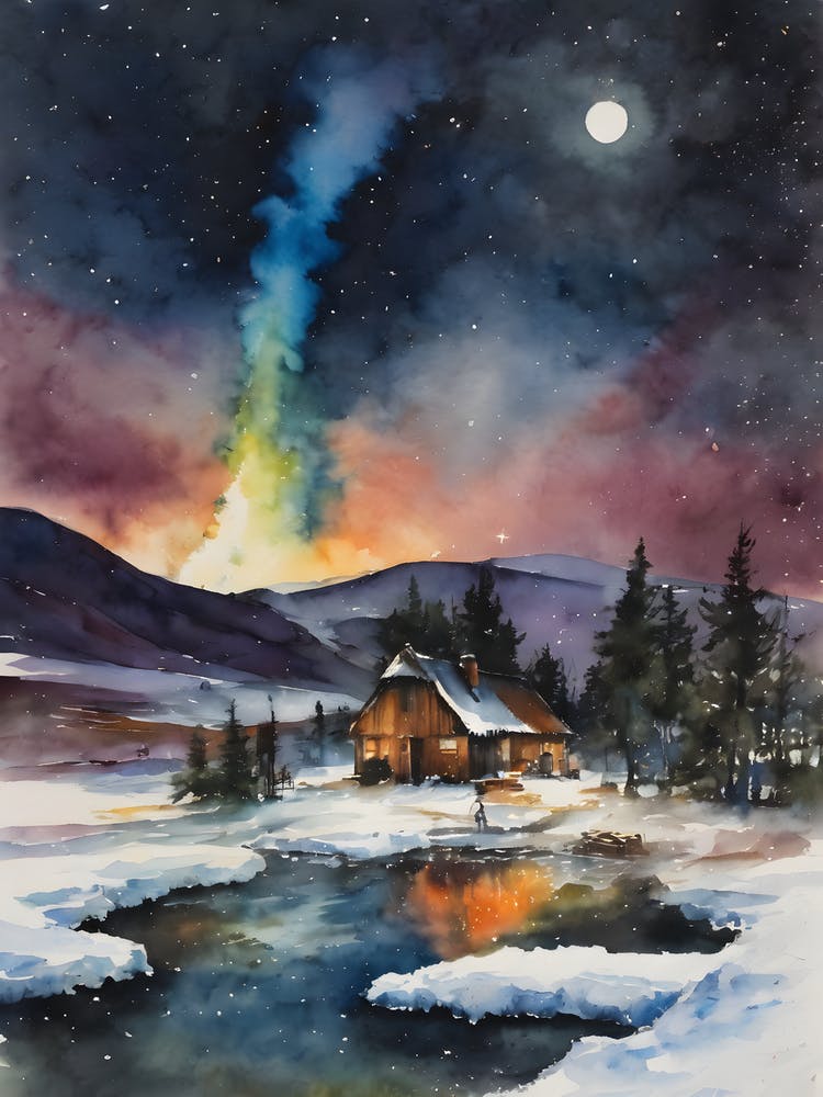 Magical Geyser in Iceland ~ Scenic Watercolor of Magic Icelandic Winter Cottage ~ Witchy Pagan Beautiful Watercolor Far North Spellwork Fairytale Dreamy Painting On a Full Moon Stargazer Northern Lights Aurora Borealis Dream