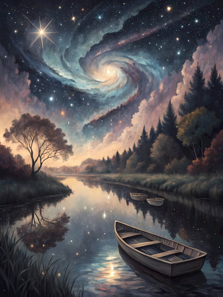 Oil Painting Style Galaxy Lake Reflections Surreal Forest & Starry Night