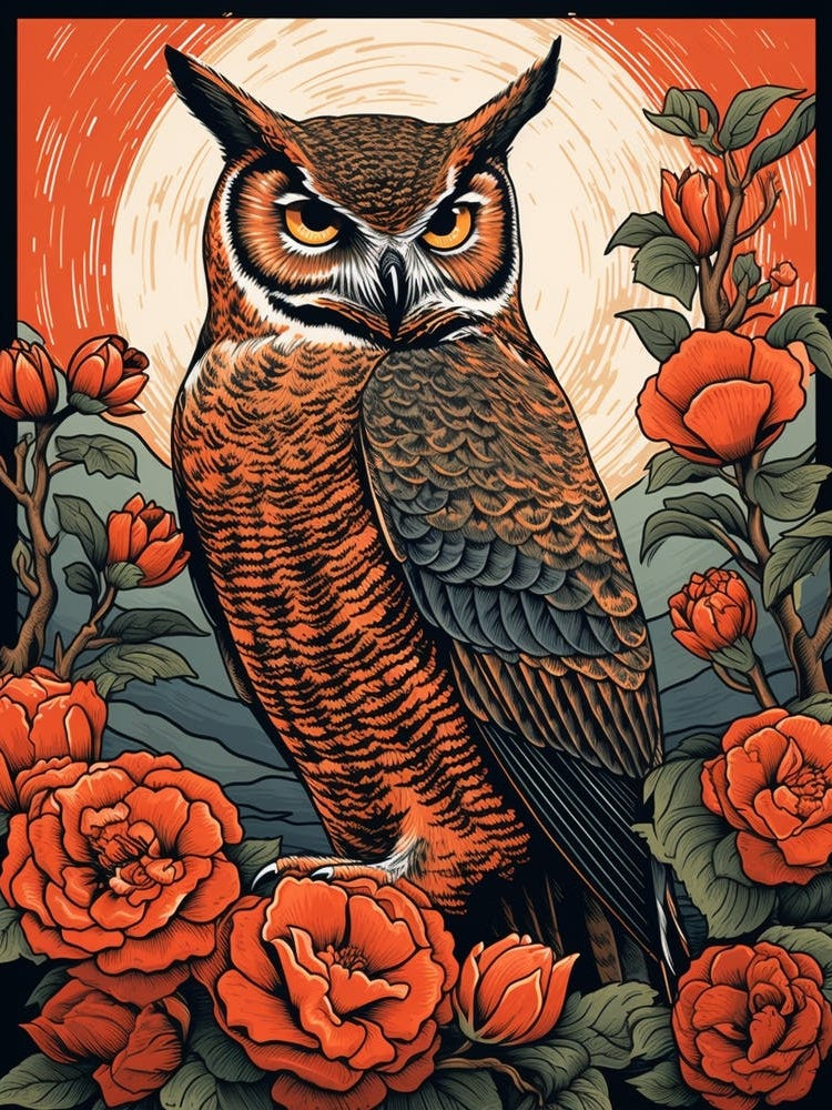 Vintage Bird Linocut Great Horned Owl 2