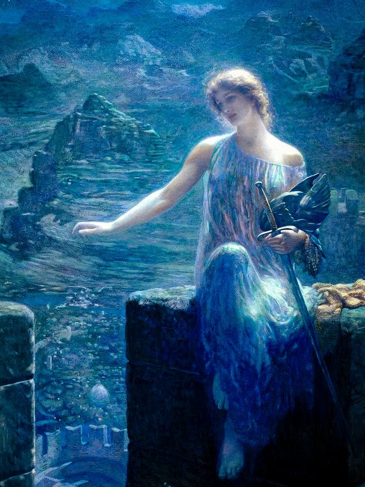 The Valkyrie's Vigil by Edward Robert Hughes 1914 - Viking Norse War Goddess Fairytale Romanticism Aestheticism Pre-Raphaelitism Oil Painting Remastered HD