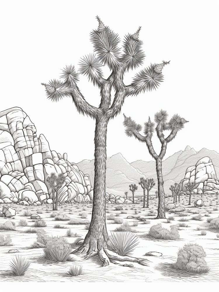 Detailed Drawing Of A Joshua Trees At Dusk In Desert 1