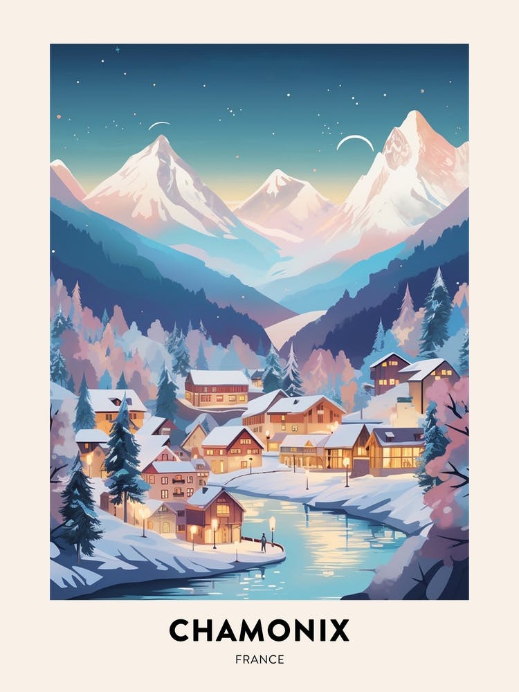Winter Night  Travel Poster Chamonix France 2