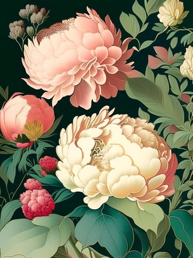 Borders And Edges 2 Peonies Colourful Vintage Sketch