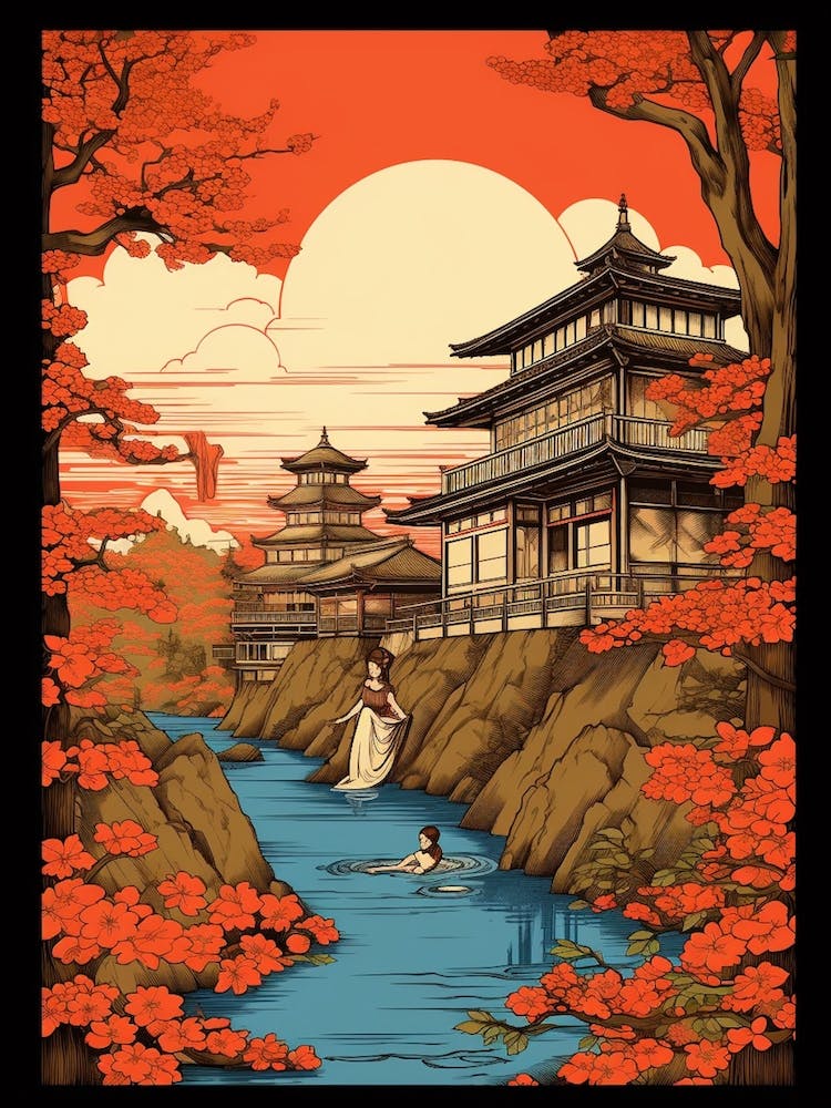 Kusatsu Onsen, Japan Vintage Travel Art 2