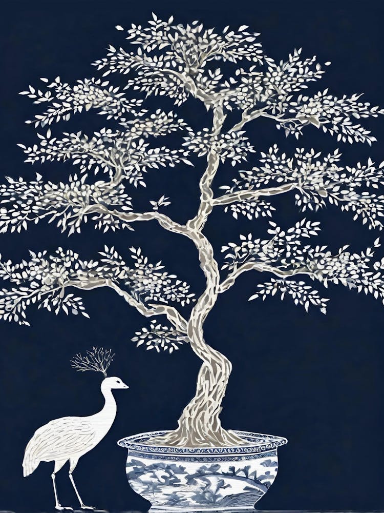 Navy Chinoiserie Peacock And Tree