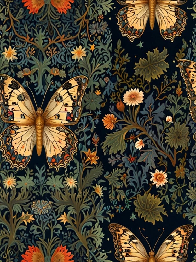 William Morris Butterflies On A Black Background 1