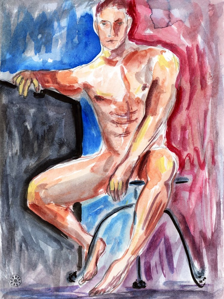 Male Nude On Red And Blue
