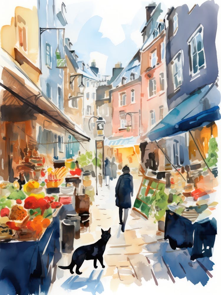 Food Market With Cats In Stockholm 4 Watercolour