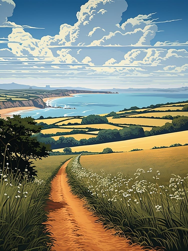 South West Coast Path England 3 Vintage Travel Illustration
