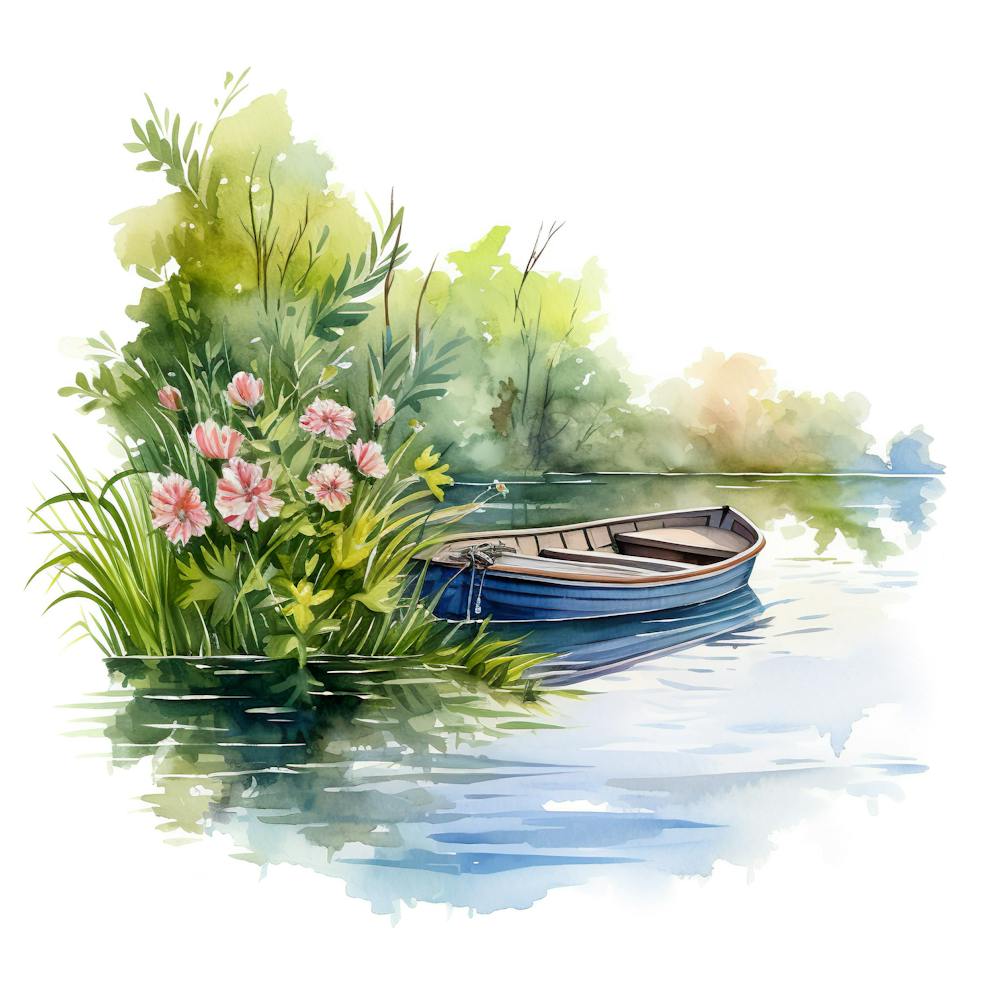 Watercolor Boat On The River
