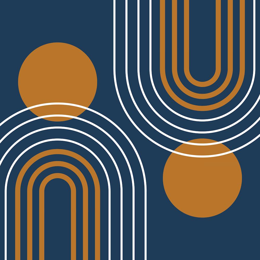 Mid Century Modern Geometric B25 In Navy Blue And Copper (Rainbow And Sun Abstract) 02