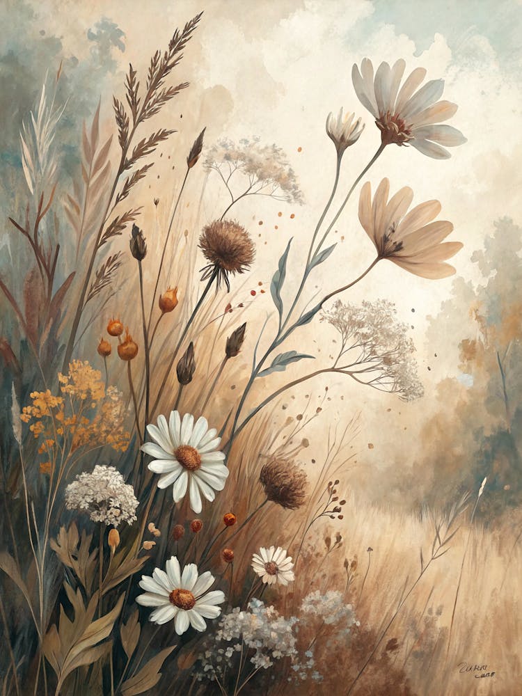 Oil Painting Style Abstract Wildflowers In Neutral