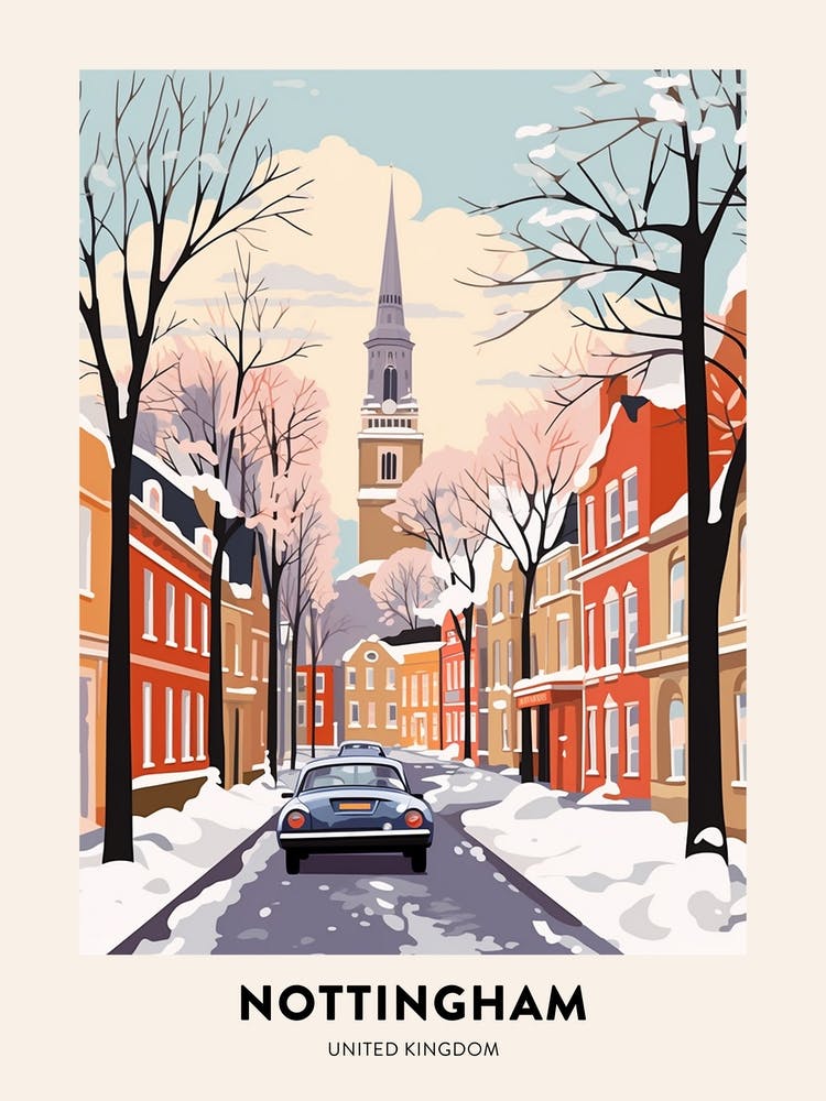 Vintage Winter Travel Poster Nottingham United Kingdom 1