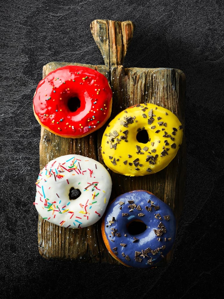 Colored sweet donuts — Food kitchen poster/blackboard, photo art