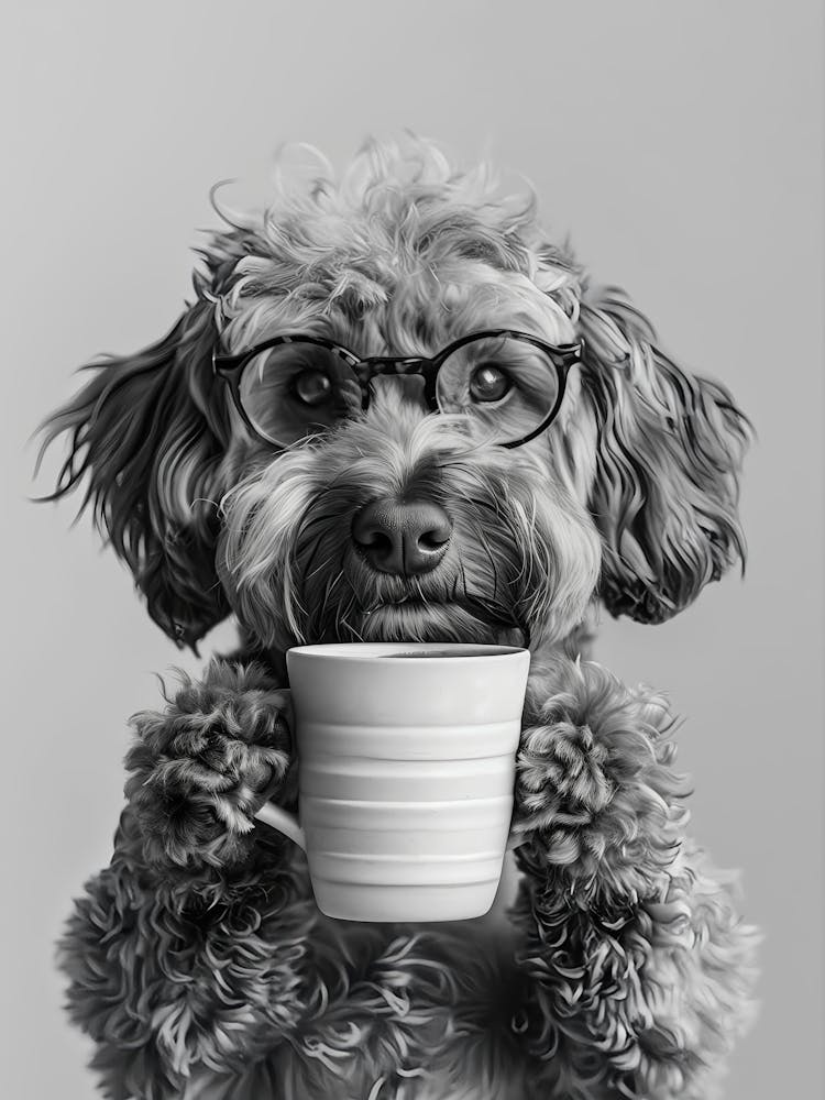 Cockapoo Holding Coffee Wall Art, Black And White Print, Coffee Lover Print, Dog Gift, Funny Dog Poster, Coffee Bar Art, Kitchen Wall Decor