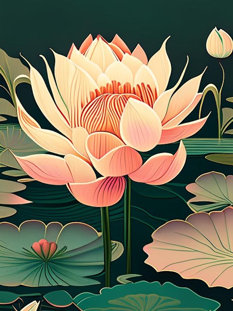 Blooming Lotus Flower In Lake Retro Illustration 1