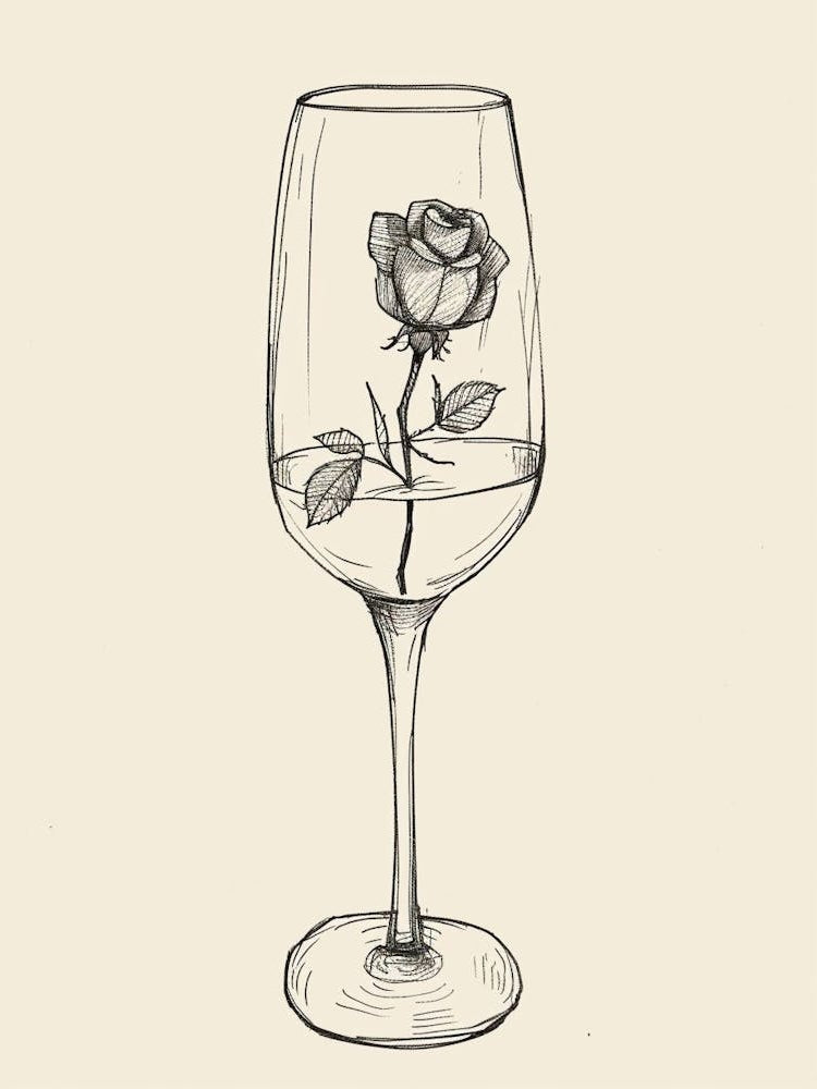English Rose In A Wine Glass Line Drawing 3