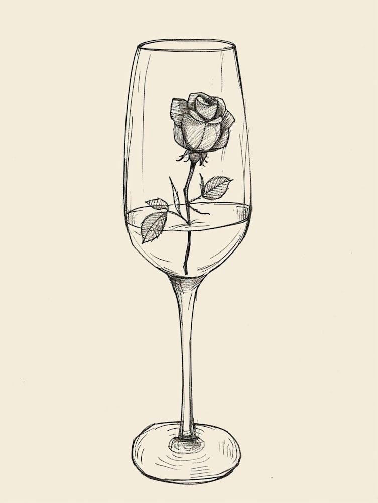 English Rose In A Wine Glass Line Drawing 3