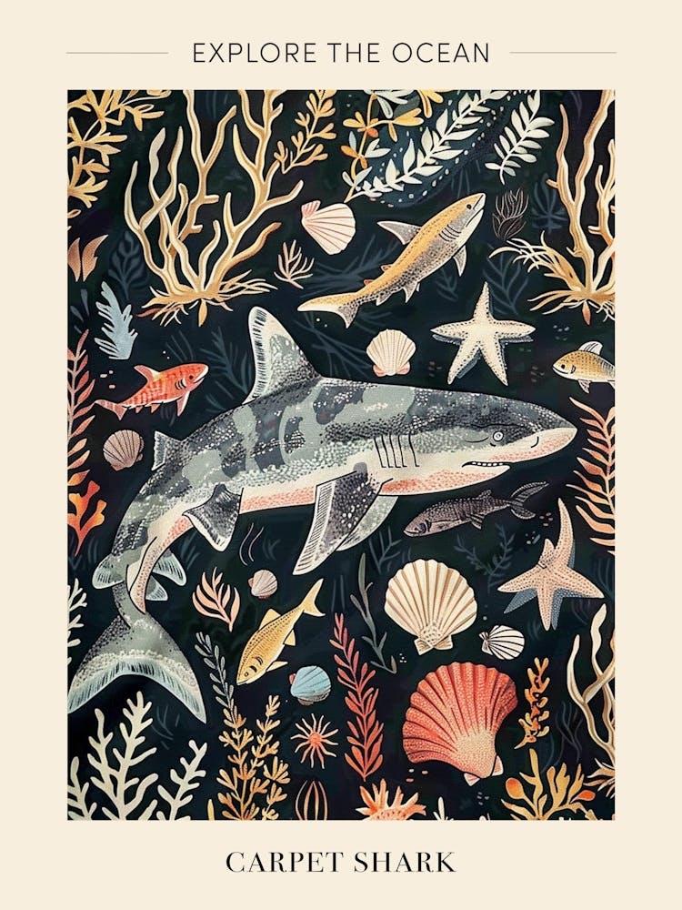 Carpet Shark Seascape Black Background Illustration 2 Poster